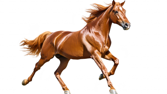 A majestic chestnut horse galloping gracefully across an open field. its strength and beauty. with a blurred background of lush green grass and a clear blue sky