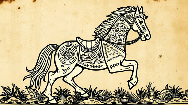 Mystical Celtic warhorse covered in ancient symbols rendered in an elaborate medieval woodcut style