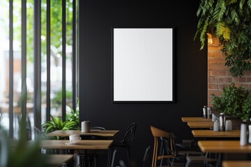 Blank poster mockup in a coffee shop interior, cozy background with wooden textures