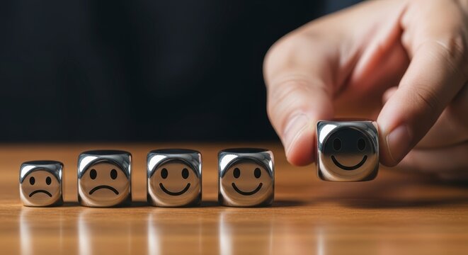 Hand holding a happy face dice with other emotion dice.