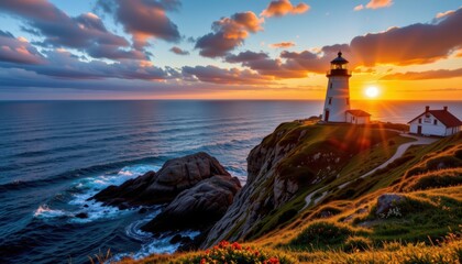 Sunset Action Over Coastal Lighthouse Ocean View Photography Scenic Environment Serene Concept