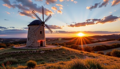 Historic Windmill at Sunrise Scenic Countryside Photography Serene Environment Landscape View