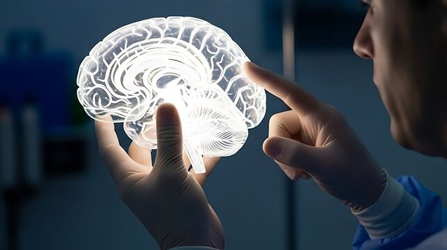 Neuroscientist Examining Illuminated 3D Brain Model; Neurology, Neuroscience Research Concept. - Powered by Adobe
