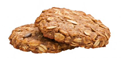 A close-up view of two freshly baked oatmeal cookies stacked on top of each other. their texture and ingredients. with a plain white background emphasizing their homemade appeal