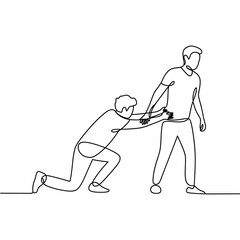 Man helping another man up, continuous line drawing isolated on white background