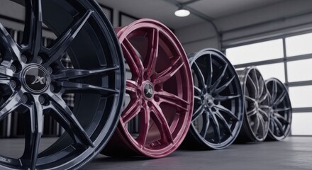 Fototapeta premium Multiple dark-colored alloy wheels, various shades