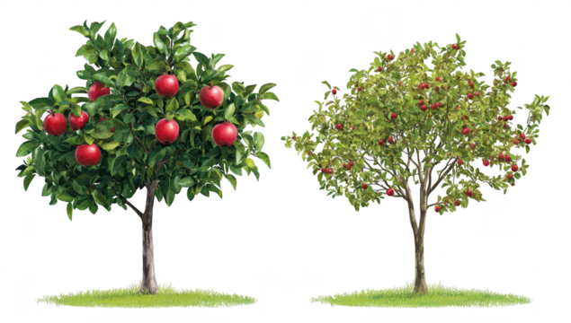 A illustration of two apple trees. one laden with ripe red apples and the other with a lighter green foliage. set against a clear background. ideal for educational or decorative use