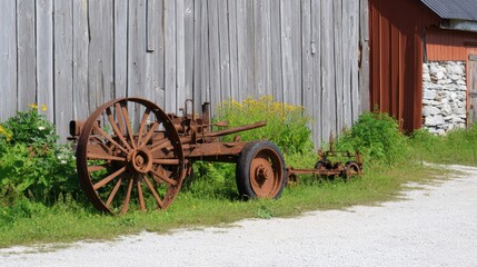 Rusty vintage farming equipment beside a weathered barn, surrounded by vibrant wildflowers and greenery