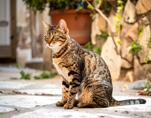 Naklejka premium A brown tabby cat sits on a sun-drenched stone patio, alert and gazing to its left