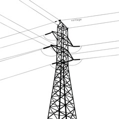 Central high-voltage electricity pylon with radiating power lines, vector illustration, energy infrastructure, black and white, minimalist design, industrial concept