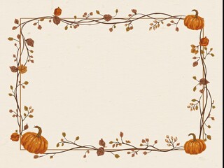 A rectangular frame decorated with vines, leaves, and pumpkins in autumn tones on a light cream background, giving a warm, natural, and classic feel.