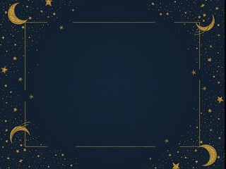 A golden rectangular frame adorned with crescent moons and sparkling stars on a dark blue night background, giving a luxurious, mysterious, and dreamy feel.