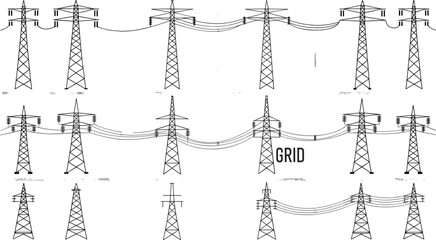 Electricity grid icons set with transmission towers and power lines, vector illustration, black and white, minimalist design, energy infrastructure symbols
