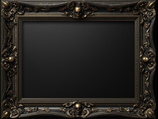 A close-up of a solid black Baroque-style frame with intricate carvings and brass skull embellishments, conveying a dark, powerful, and luxurious feel.