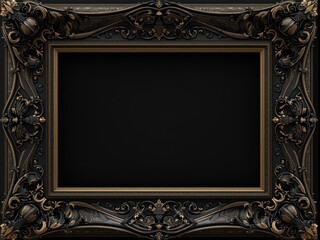 An intricately carved Baroque style picture frame in black and gold, conveying a sense of luxury, grandeur, and power, suitable for important artworks or announcements.