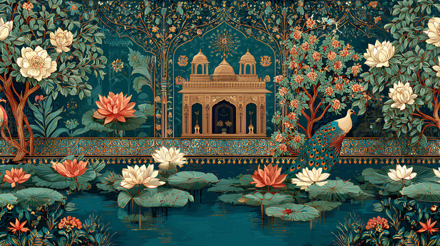 Mughal Pichwai garden illustration with lotus, flowers, and peacock for wedding invitation design Stock Illustration