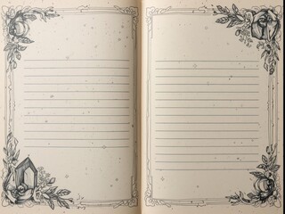 Blank, lined pages of a journal decorated with botanical line art, crystals, and moons on the borders, giving the feel of a spellbook or a personal diary.