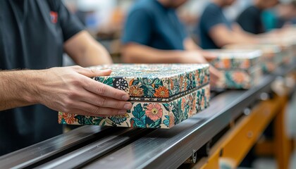 A worker's hands carefully place a decorative, floral-patterned box onto a conveyor belt on a factory production line.
