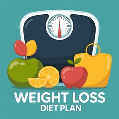 Illustration of weight loss diet plan concept with scale, fruits and shopping bag for healthy lifestyle flat vector illustration