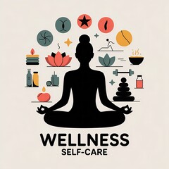 Illustration of silhouette of a woman in lotus position surrounded by wellness and selfcare icons on beige background