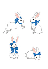 Fototapeta premium Four adorable white bunnies wearing blue bows in different playful poses.