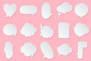 White paper cut speech bubbles, Abstract icon different shapes blank doodle bubbles, banners Template ready for use in web or print design isolated, 3D effect comics message balloon template.