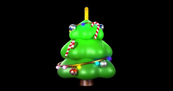 Looped animation of a cute cartoon Christmas tree with shiny decorations, candy canes, colorful lights, and a bright yellow star on top. The 3D holiday tree spins seamlessly with luma matte.