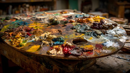 Fototapeta premium Stained painter’s palette with chaotic dried pigments, abstract creative texture