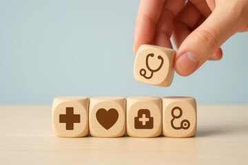 Hand Holding Wooden Block with Health Symbols on a Light Blue Background in Minimalist Setting