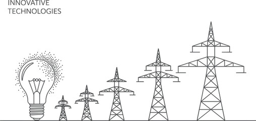 Innovative technologies concept with lightbulb and electricity pylons, vector illustration, energy infrastructure, power transmission, industrial design, black and white