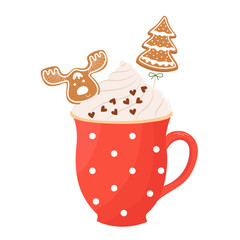Christmas hot drink with cream and gingerbread in a red cup.