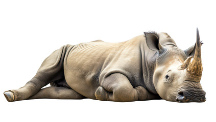 Naklejka premium A resting rhinoceros lies comfortably on a white background. its distinct features and texture. symbolizing wildlife conservation and the beauty of nature