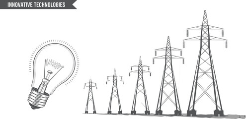 Innovative technologies concept with lightbulb and electricity pylons, vector illustration, energy infrastructure, power transmission, industrial design, black and white
