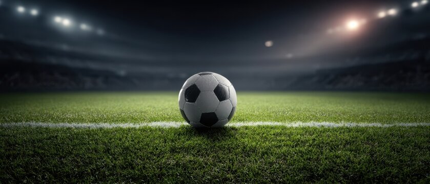The soccer ball positioned on a vibrant field during a dramatic night match.