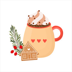 Christmas hot drink with cream. Hot chocolate with gingerbread and holly berry decor.