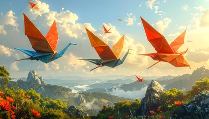 Colorful origami cranes in flight over a mountainous landscape