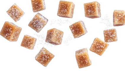 A dynamic arrangement of brown sugar cubes falling gracefully against a clean white background. capturing the essence of sweetness and culinary creativity. perfect for food-related themes
