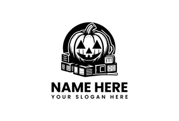 Stylized Halloween Pumpkin with Triangular Eyes and Stacked Books in Black and White.