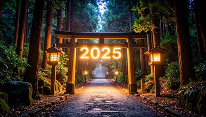 Illuminated torii gate welcomes new year 2025 in a misty forest path