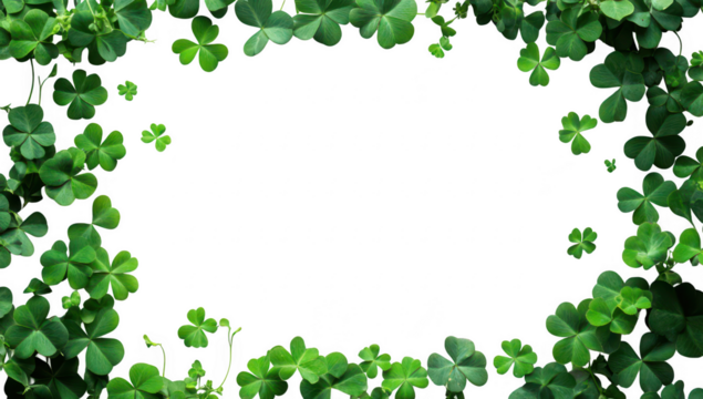 A arrangement of green clover leaves forming a natural frame on a white background. ideal for seasonal celebrations. invitations. or nature-themed designs