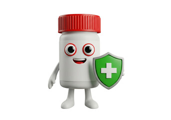 Friendly 3D Medicine Bottle Character Holding a Medical Shield - Health Protection & Safety Concept