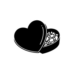 Black silhouette of heart shaped box with candies isolated on white background