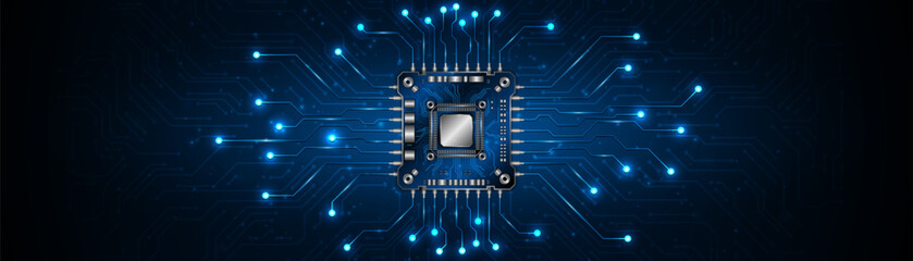 Microchip processor circuit board technology on dark blue background. Information Processing Concept. Circuit board hi-tech technology background. vector illustration	