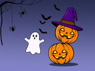 Fototapeta premium Spooky halloween scene with jack o lanterns and friendly ghost under a moonlit night sky