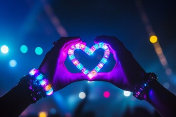 Colorful neon heart shape created by banded hands at a music festival