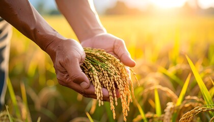 Hands holding rice stalks in a golden rice paddy