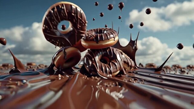Decadent chocolate glazed donuts caught mid-air, creating a sensational splash in a rich, flowing river of melted cocoa under a vibrant sky, symbolizing sweet indulgence and culinary delight