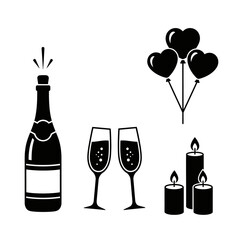 Celebration icons with champagne bottle, glasses, heart balloons and candles isolated on white background