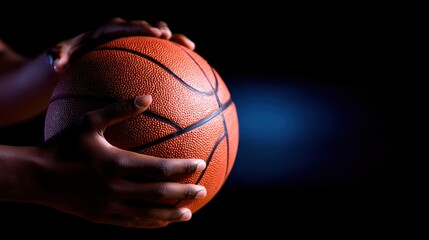 Close-up of hands gripping a basketball in a dramatic lighting setup, showcasing athletic focus and intensity