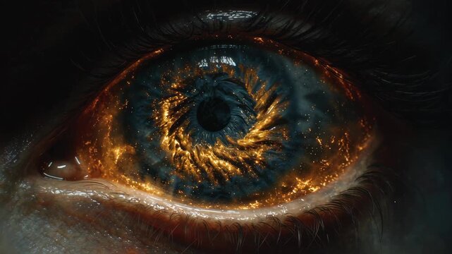 Molten eye iris pupil close up fire glowing fiery galaxy iris close up with glowing gold flecks smoky blue texture dramatic - Powered by Adobe